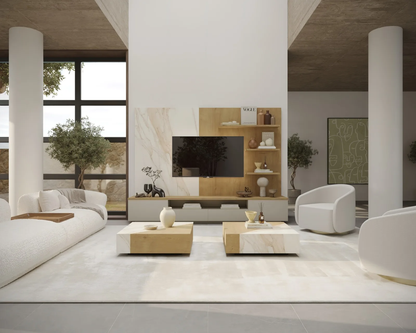 Séjour Contemporain Bois Et Pierre — aménagement intérieur sur mesure