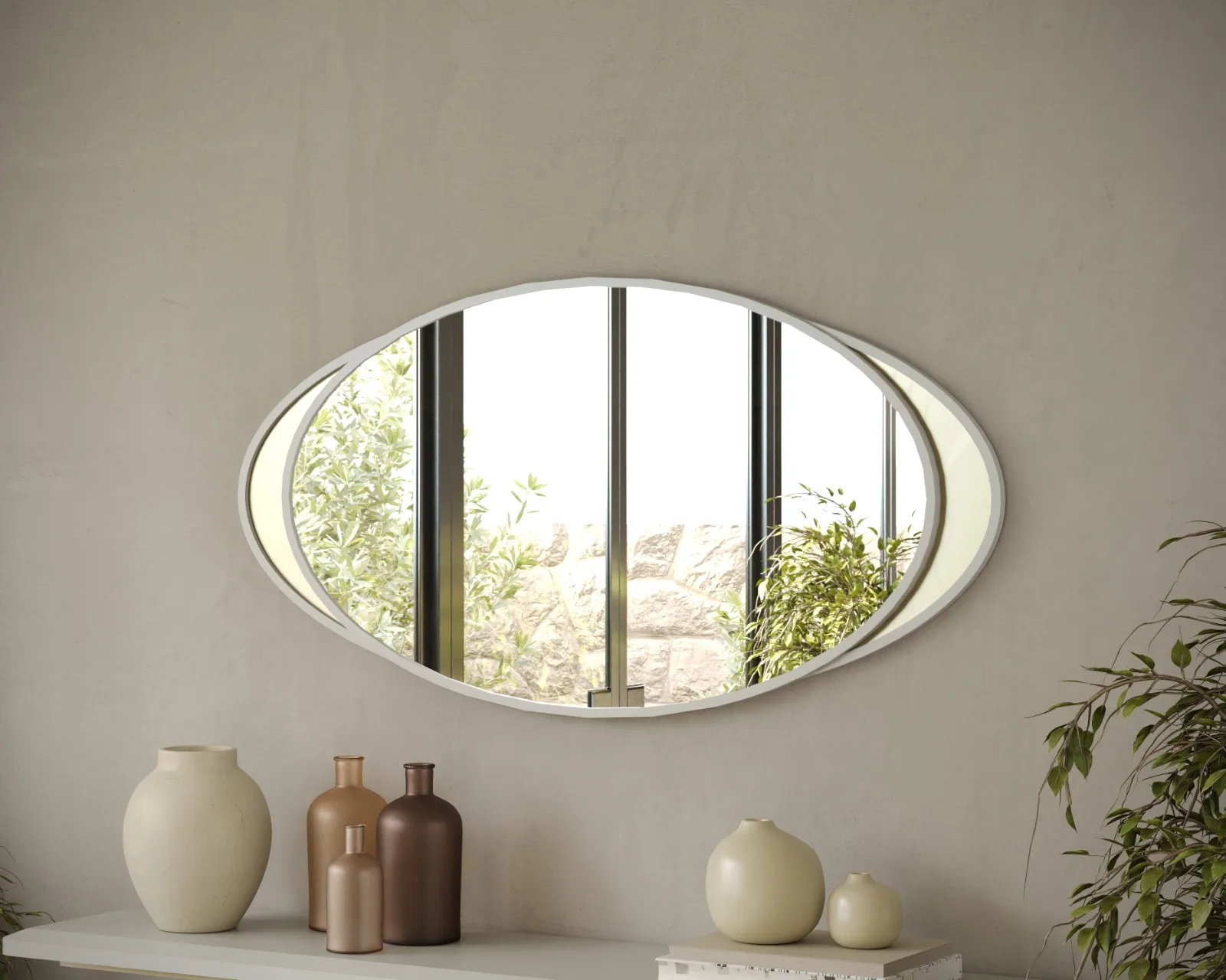 Miroir Ovale Et Console Suspendue — aménagement intérieur sur mesure