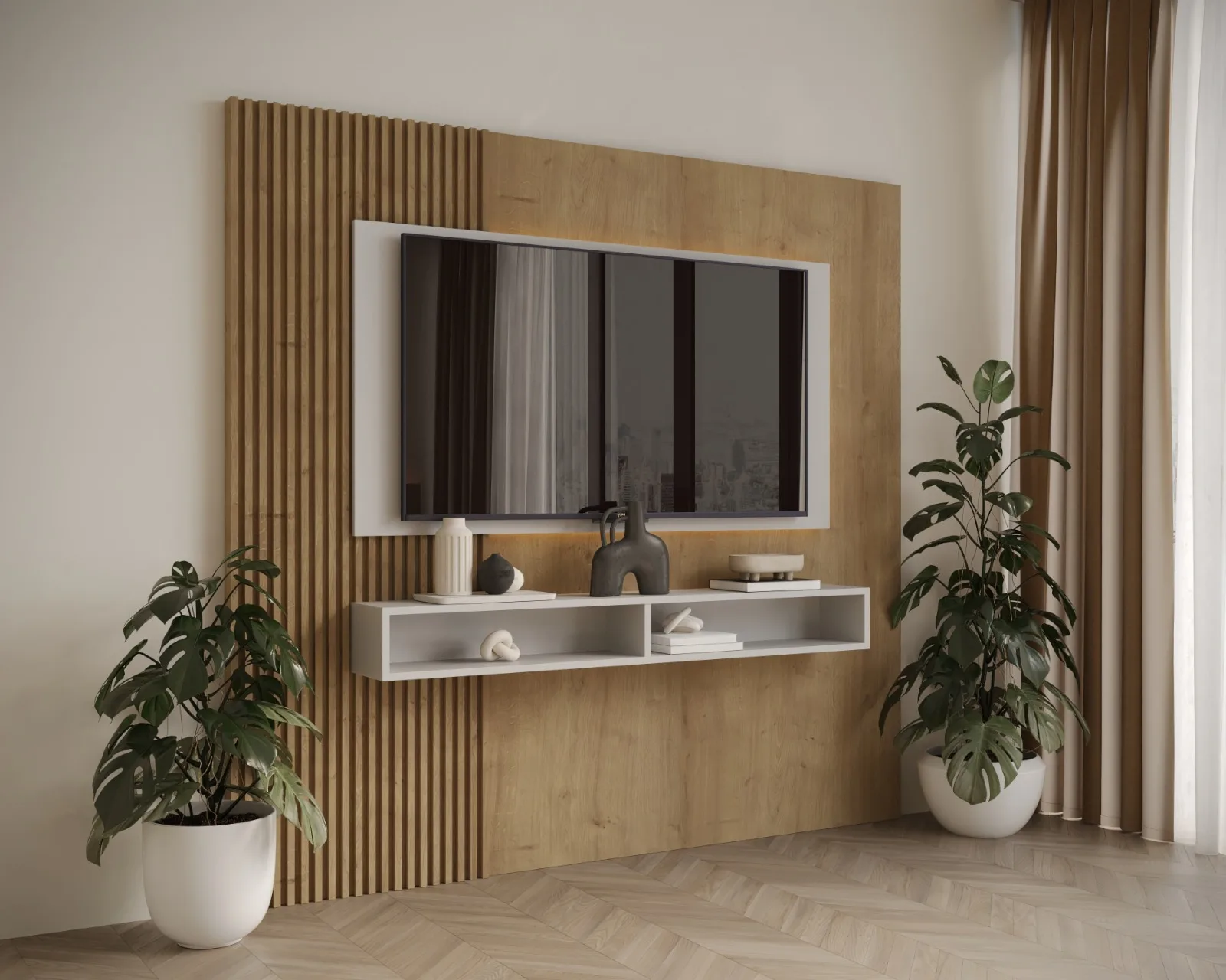 Meuble TV Et Habillage En Bois — aménagement intérieur sur mesure