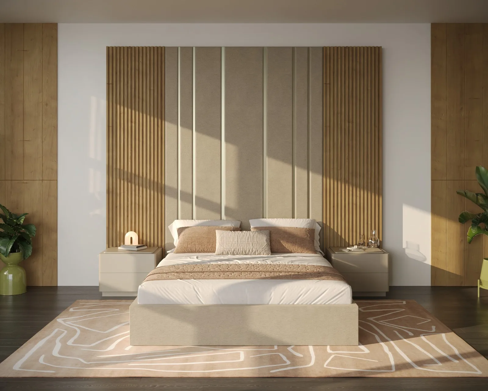 Chambre Avec Tête De Lit Texturée — aménagement intérieur sur mesure